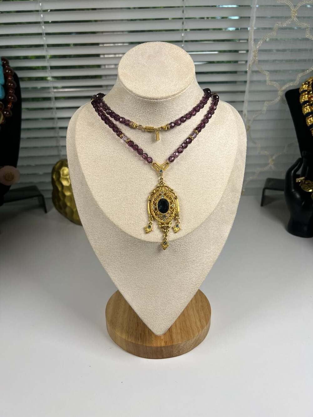 1928 Victorian Style Gold-Tone Filigree Pendant Necklace with Purple Glass Beads